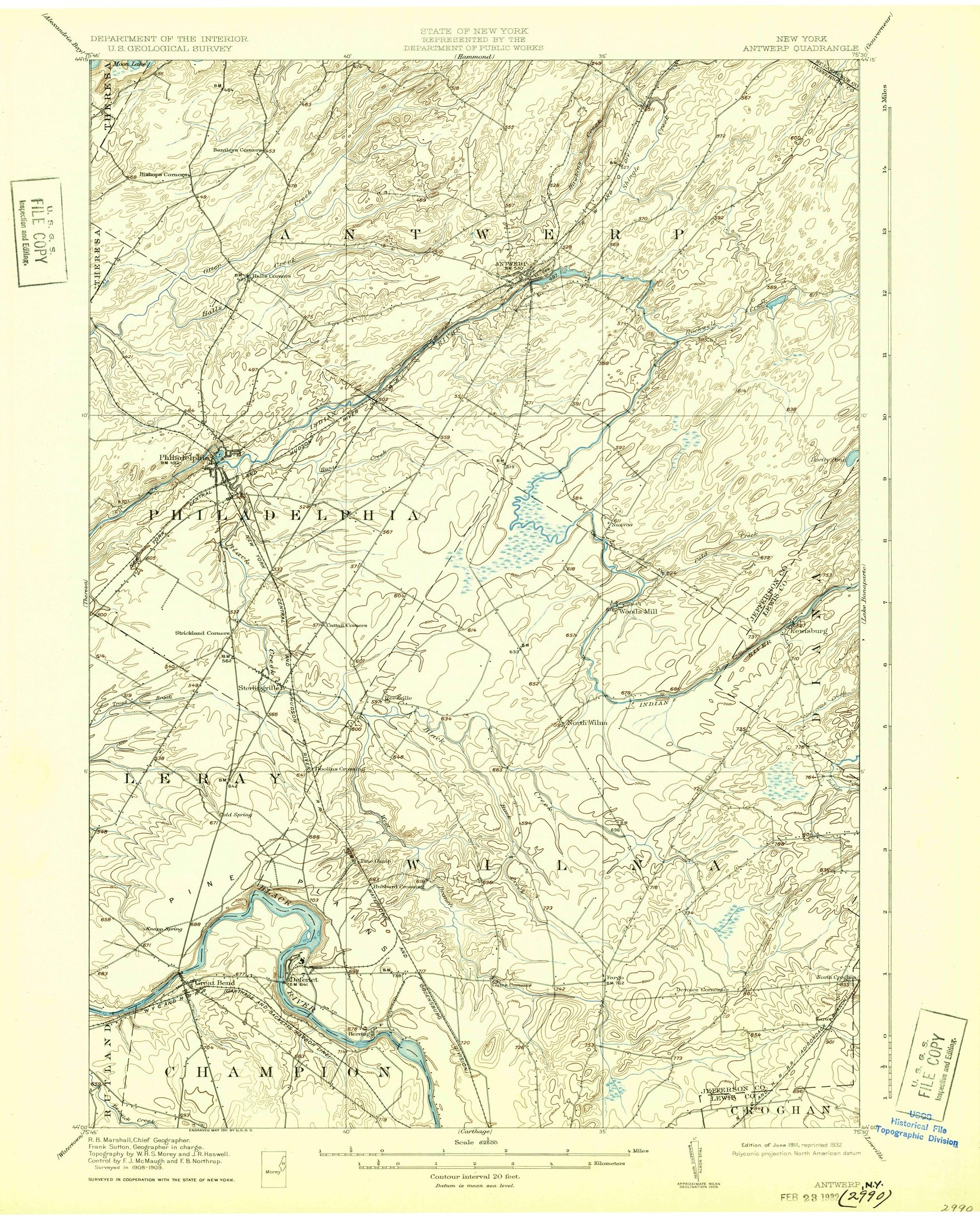 1911 USGS topographic quadrangle map of Antwerp, New York, showing the village and surrounding North Country.
